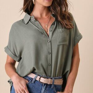 Lulus Blythe Olive Green Short Sleeve Button-up Top - Size S